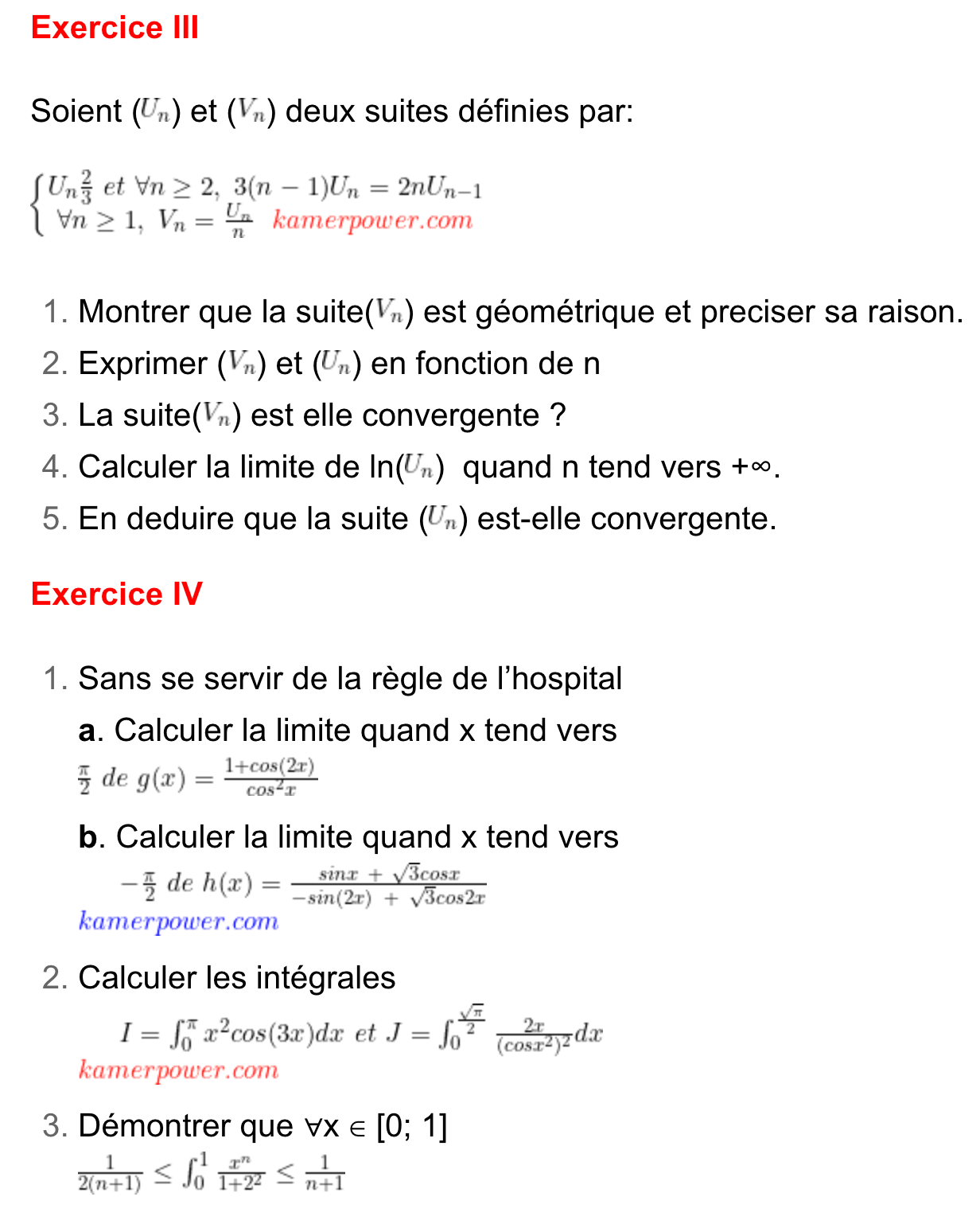 Exercice III et IV Epreuves concours IUT Douala Mathematiques