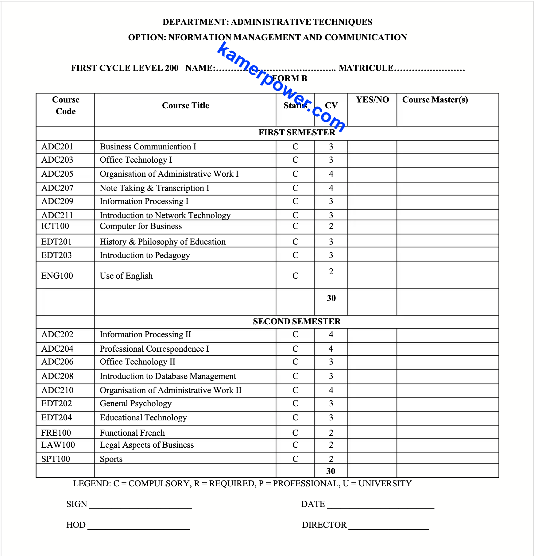 Form B University of Buea Level 200 Course registration